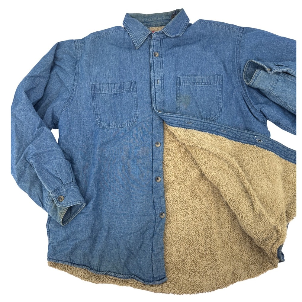 Vintage Wrangler Sherpa Lined Denim Shirt Jacket Mens L Distressed Wear Stains